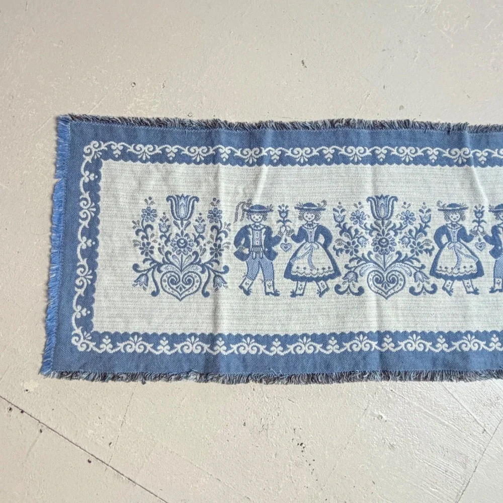 Vintage Blue White Folk Art Woven Table Runner Fringed Scandinavian Style 15x37
